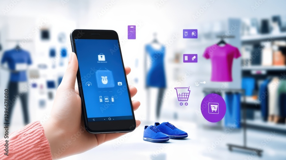 Mobile shopping experience retail store digital interaction modern environment close-up view e-commerce innovation Mobile shopping experience retail store digital interaction modern environment close-up view e-commerce innovation