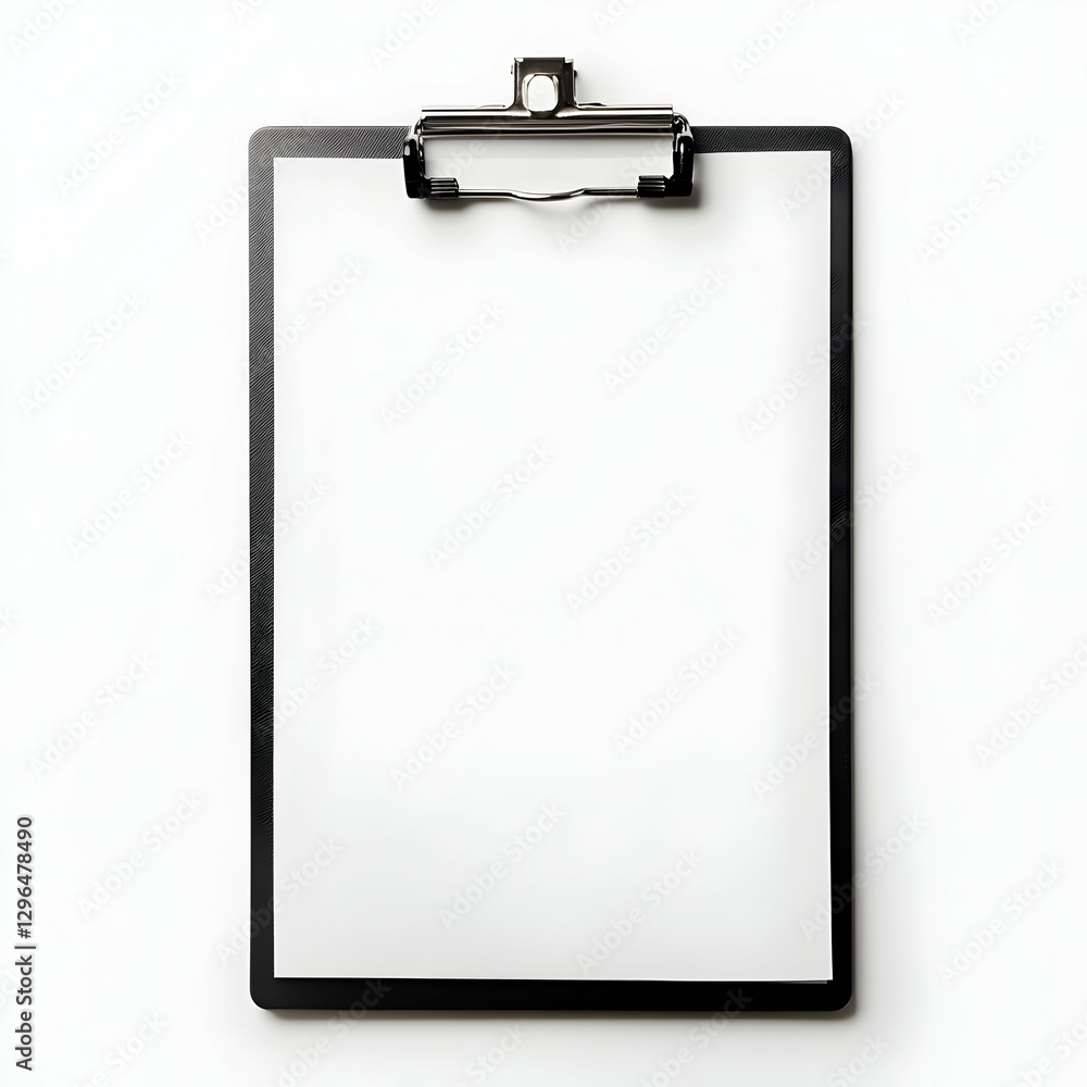 Blank white sheet of paper on a black clipboard, flat lay Blank white sheet of paper on a black clipboard, flat lay