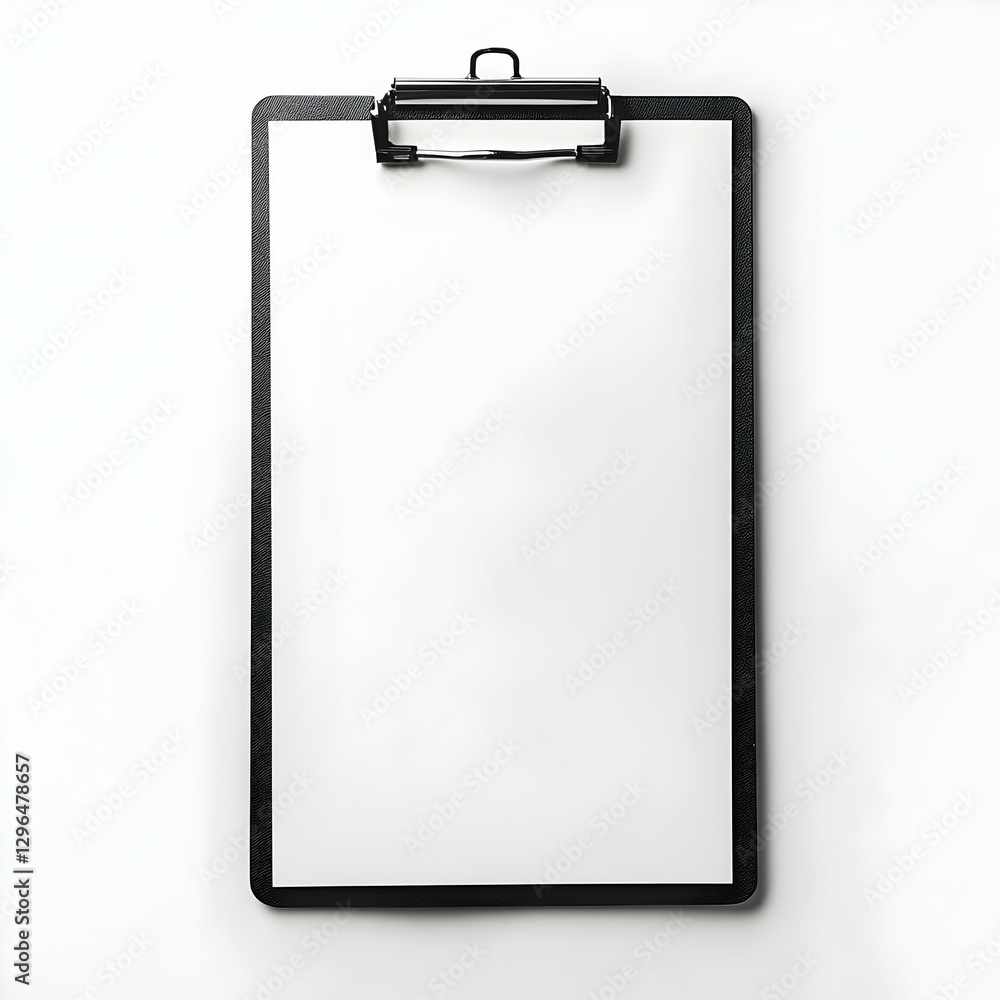 Blank white sheet of paper on a black clipboard, flat lay Blank white sheet of paper on a black clipboard, flat lay
