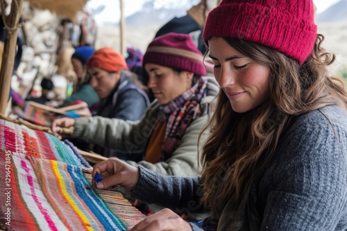 Cultural activities, travelers and weavers, community engagement, outdoor interactions, cultural heritage