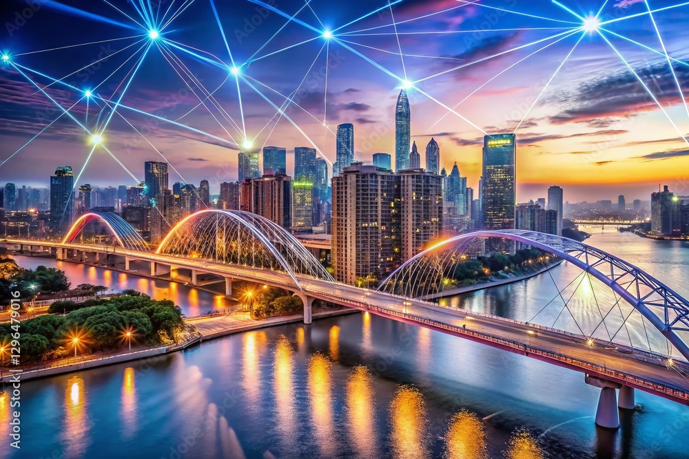 Obraz premium Futuristic Cityscape: Modern Skyline, Network Bridge & Digital Nodes - Stock Photo