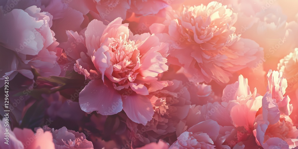 Obraz premium Blooming pink peonies in warm sunlight with soft focus background