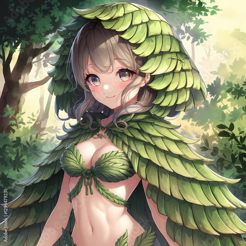 A cute, sexy anime-style Japanese girl in a layered banana leaf cloak, exuding charm and allure. Her expressive eyes and flowing hair enhance her elegance. Set in a lush green forest with warm. photo