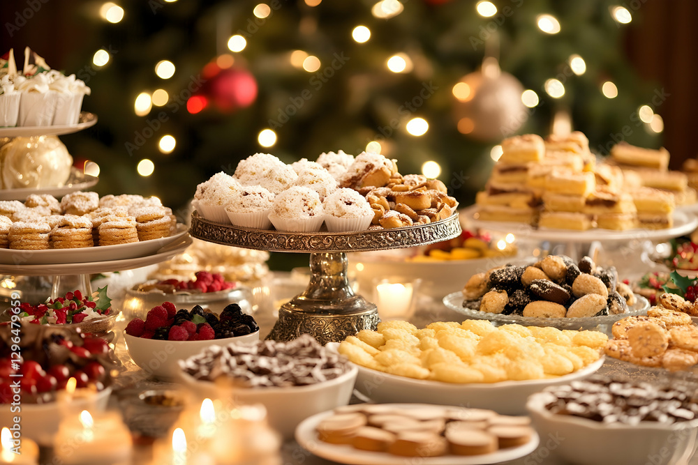 Festive table with sweets and cakes illuminated by candlelight Festive table with sweets and cakes illuminated by candlelight