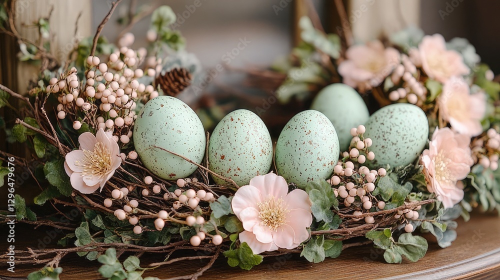 Easter wreath with green eggs and bunny decorations, pink flowers, and brown vines Easter wreath with green eggs and bunny decorations, pink flowers, and brown vines