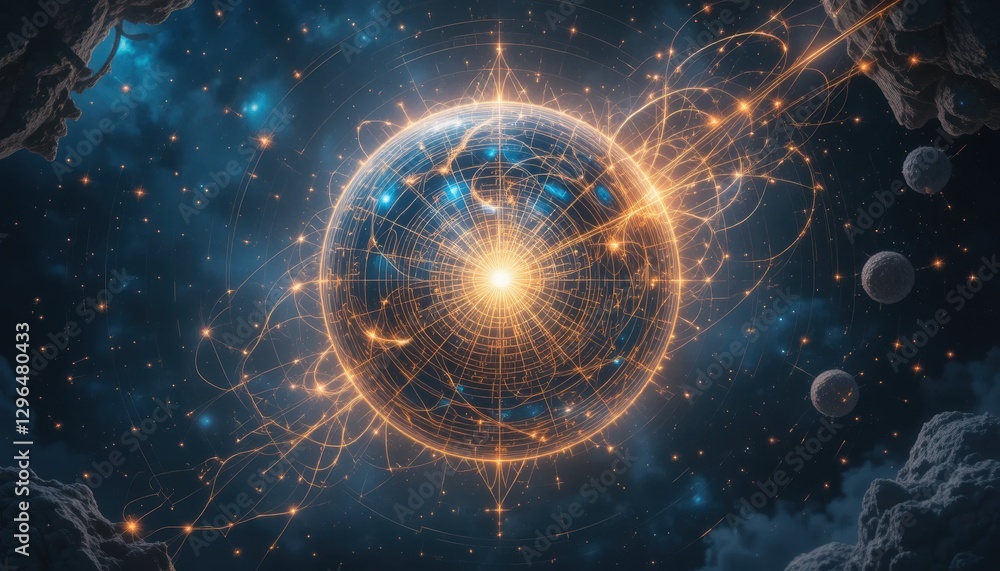 Fototapeta premium Cosmic Sphere Energy Network Glowing in Deep Space Nebula Background Abstract Art Illustration
