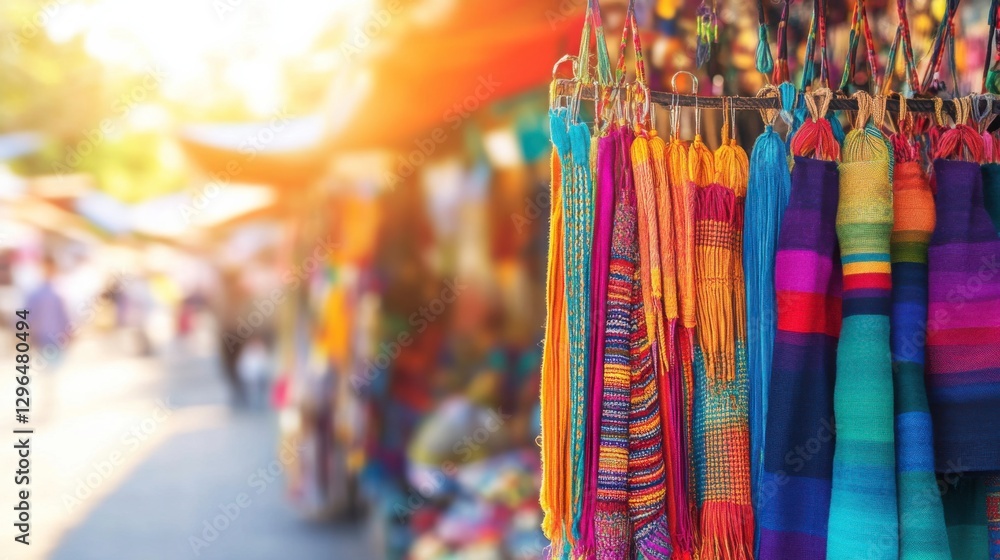 Obraz premium Colorful Textiles at Local Market Under Soft Lighting