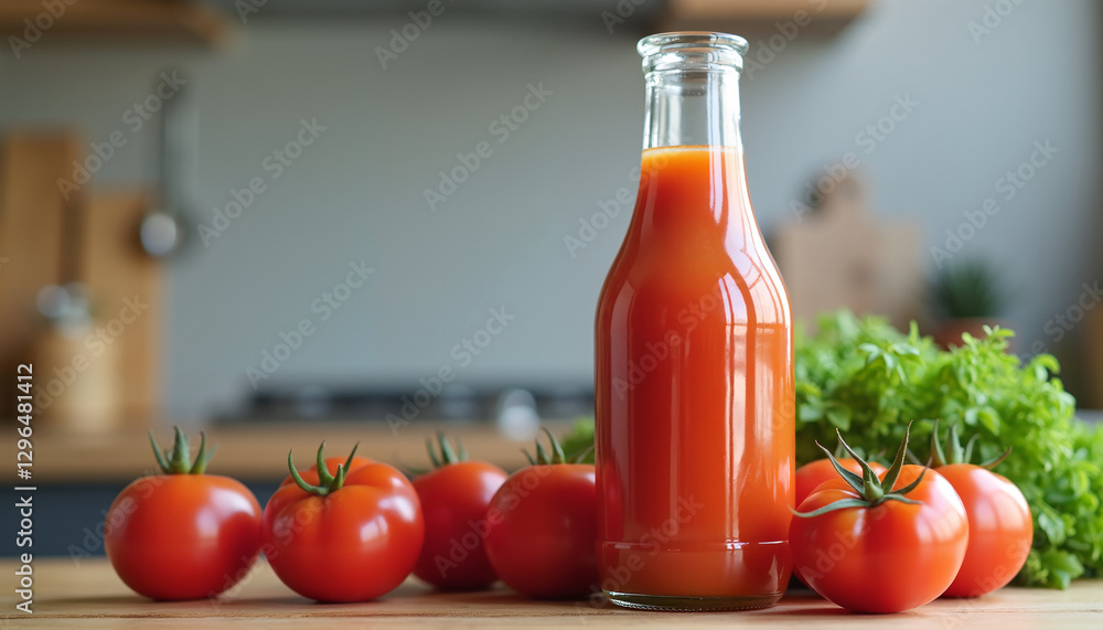 Tomato juice bottle with fresh tomatoes on wooden kitchen table Tomato juice bottle with fresh tomatoes on wooden kitchen table