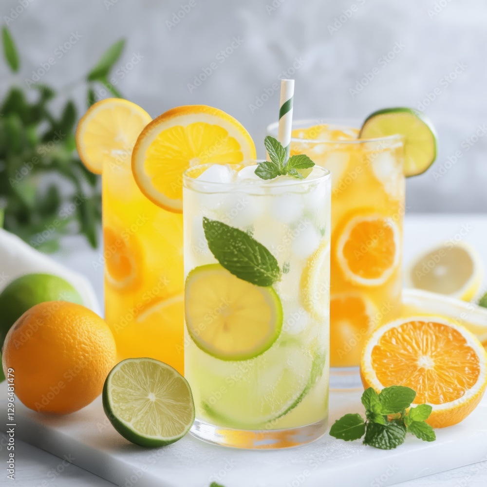 Fototapeta premium Citrus splash mocktails, zesty lemon, lime, and orange drinks Colorful citrus beverages with ice and mint.