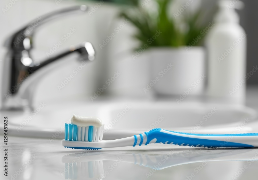 Close-up of blue toothbrush with toothpaste on white bathroom counter Close-up of blue toothbrush with toothpaste on white bathroom counter