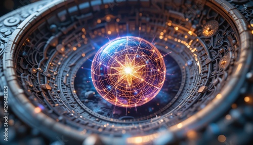 Wallpaper Mural Glowing Energy Sphere within Intricate Ornate Metal Mechanism Abstract Futuristic Design Torontodigital.ca