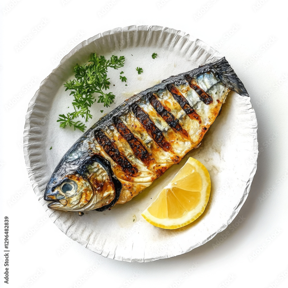 Grilled fish looks delicious, served with lemon and parsley on plate Grilled fish looks delicious, served with lemon and parsley on plate