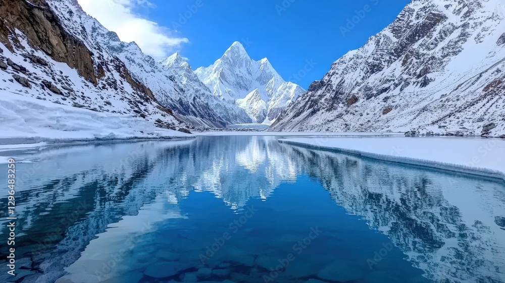 Obraz premium Turquoise glacial lake nestled between steep snow-covered peaks, perfect reflection of the mountains in the crystal-clear water