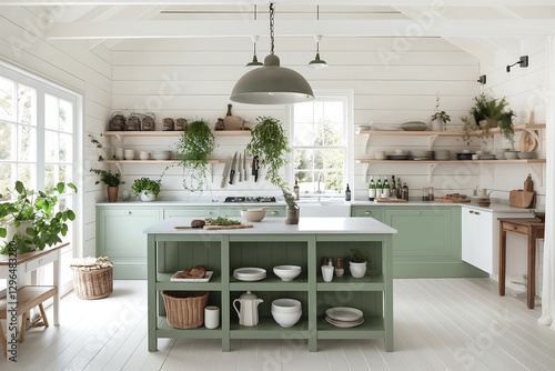 A rustic farmhouse kitchen with a large island, shiplap walls, and vintage decor, combining functionality with charm