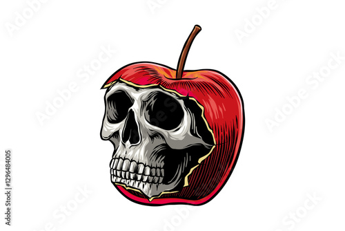 illustration of apple with skull inside, hand drawn