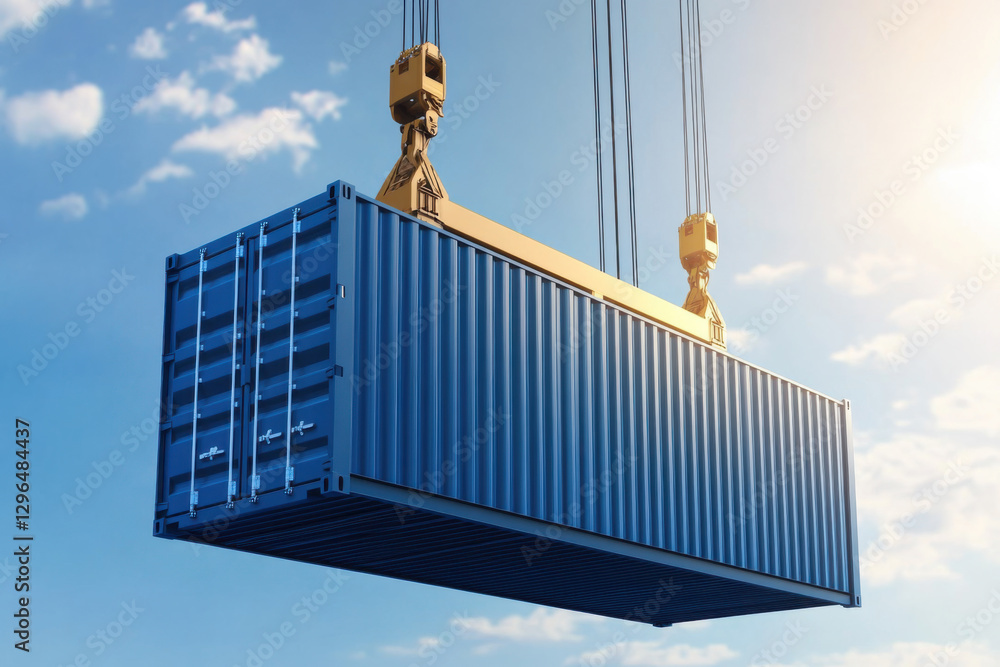 Fototapeta premium Blue Shipping Container Being Lifted by Crane, Sky Background