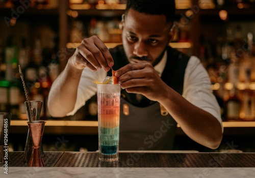 Wallpaper Mural Bartender creating colorful layered cocktail drink at upscale bar counter Torontodigital.ca