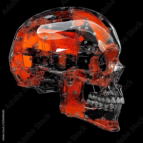 Transparent Skull, Orange Liquid, Dark Background