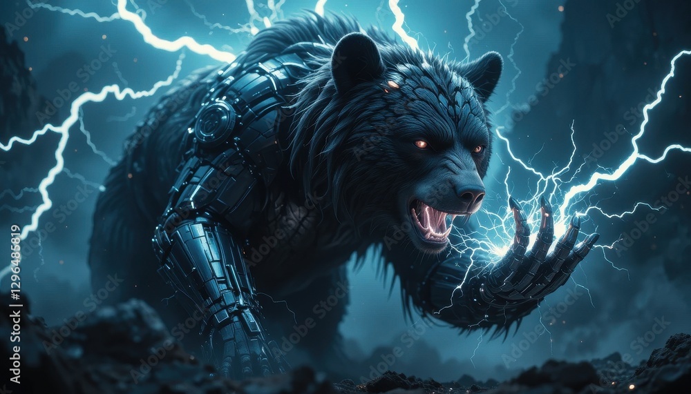 Powerful Cybernetic Bear Roaring with Electricity Fantasy Artwork Digital Art Powerful Cybernetic Bear Roaring with Electricity Fantasy Artwork Digital Art