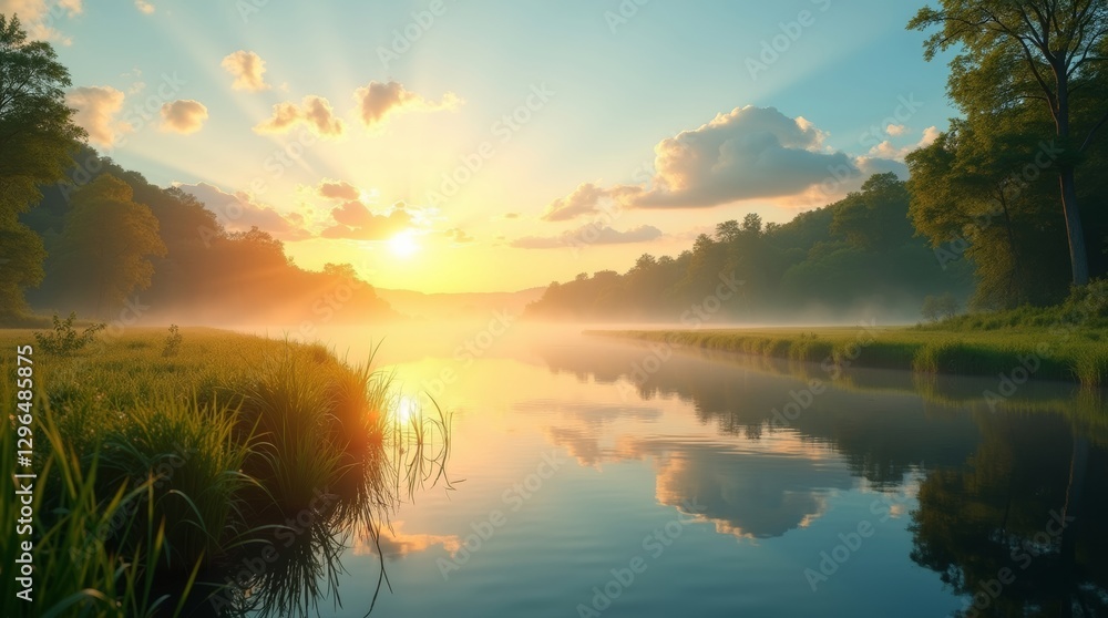 A serene dawn landscape with misty reflections on a river, surrounded by lush greenery and soft sunlight. Ideal for nature, tranquility, and outdoor themes. A serene dawn landscape with misty reflections on a river, surrounded by lush greenery and soft sunlight. Ideal for nature, tranquility, and outdoor themes.