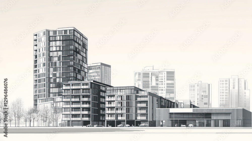 Modern city apartment complex architectural rendering Modern city apartment complex architectural rendering