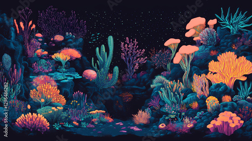 Fototapeta Naklejka Na Ścianę i Meble -  A surreal coral reef illuminated by bioluminescent fish, adorned with neon plants and resting on a dark ocean floor. Bioluminescent Coral Reef. Illustration