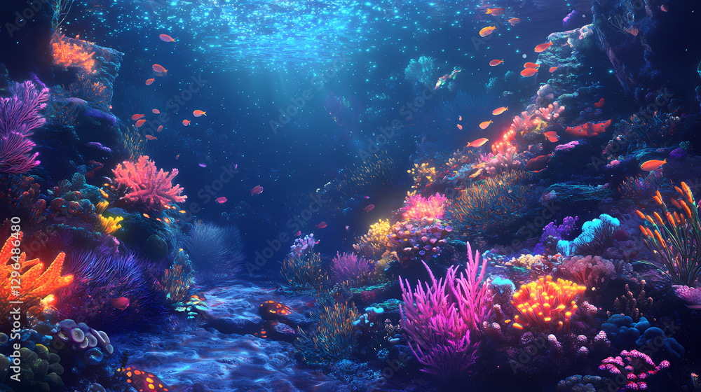 A vibrant coral reef landscape illuminated by subtle bioluminescent lights, digital art of fantasy concept. Bioluminescent Coral Reef. Illustration A vibrant coral reef landscape illuminated by subtle bioluminescent lights, digital art of fantasy concept. Bioluminescent Coral Reef. Illustration