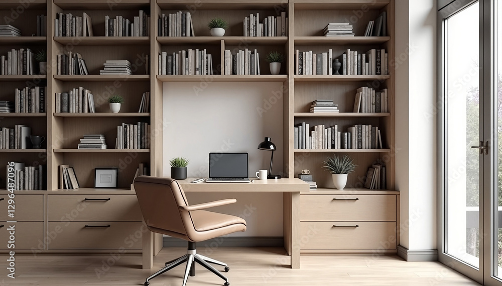 Modern office workspace with bookshelves and plants Modern office workspace with bookshelves and plants