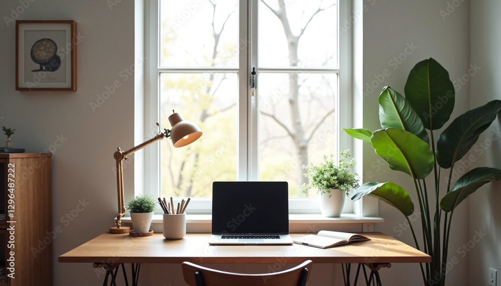 Fototapeta premium Bright workspace with laptop and green plants by window