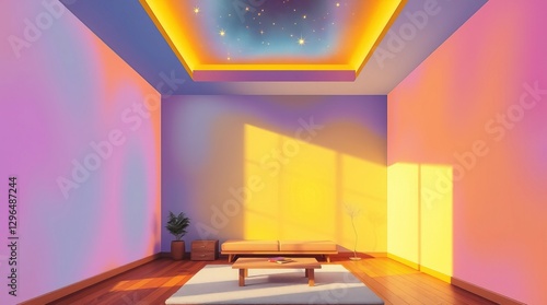 A digitally rendered room features pastel purple and orange walls, a starlit ceiling, and sunlight streaming through an unseen window. Wooden floor and minimalist furniture complete the serene scene.