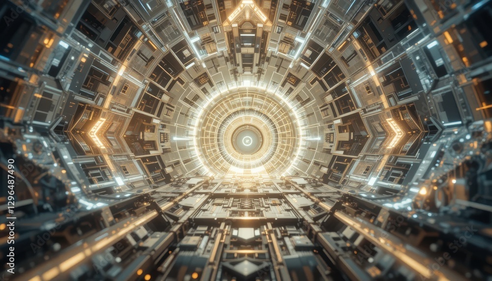 Fototapeta premium Futuristic Sci Fi Tunnel Corridor Digital Art Abstract Background Golden Lights Technology