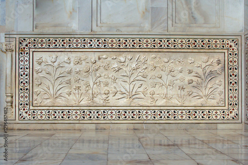 16th century Marble panel with floral carvings at the Taj Mahal Agra