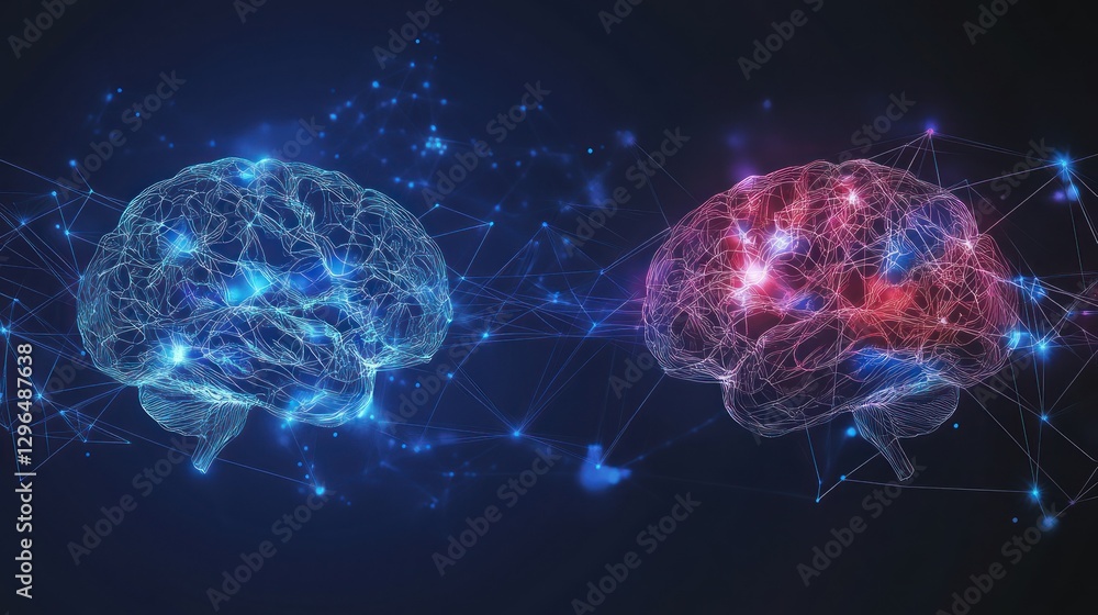 Two glowing brains connected by a network, one healthy, one damaged, representing neural connections and brain health. Two glowing brains connected by a network, one healthy, one damaged, representing neural connections and brain health.