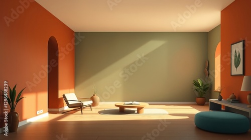 A minimalist living room features sage and burnt orange walls, arched doorways, modern furniture, sunlight streaming in, and potted plants. Tranquil and stylish.