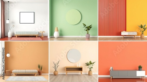 Six minimalist room scenes showcase diverse color palettes. Each features simple furniture, plants, and wall decor, offering versatile interior design inspiration.