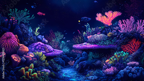Fototapeta Naklejka Na Ścianę i Meble -  Bioluminescent coral reef under blacklight vivid neon colors illuminating diverse marine life surreal underwater fantasy scene. Bioluminescent Coral Reef. Illustration