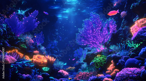 Fototapeta Naklejka Na Ścianę i Meble -  Bioluminescent coral reef under ultraviolet light neon fish darting between glowing formations creating underwater light show. Bioluminescent Coral Reef. Illustration