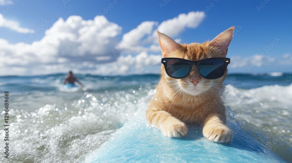 Obraz premium Stylish cat wearing sunglasses catches waves while surfing, showcasing its cool attitude and skills