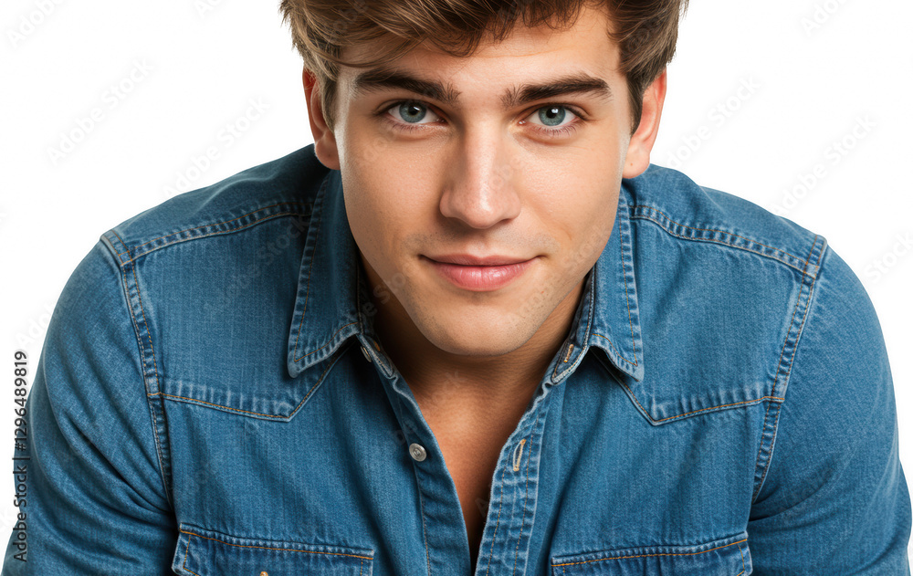 Attractive young man portrait close up wearing denim shirt Casual handsome male model