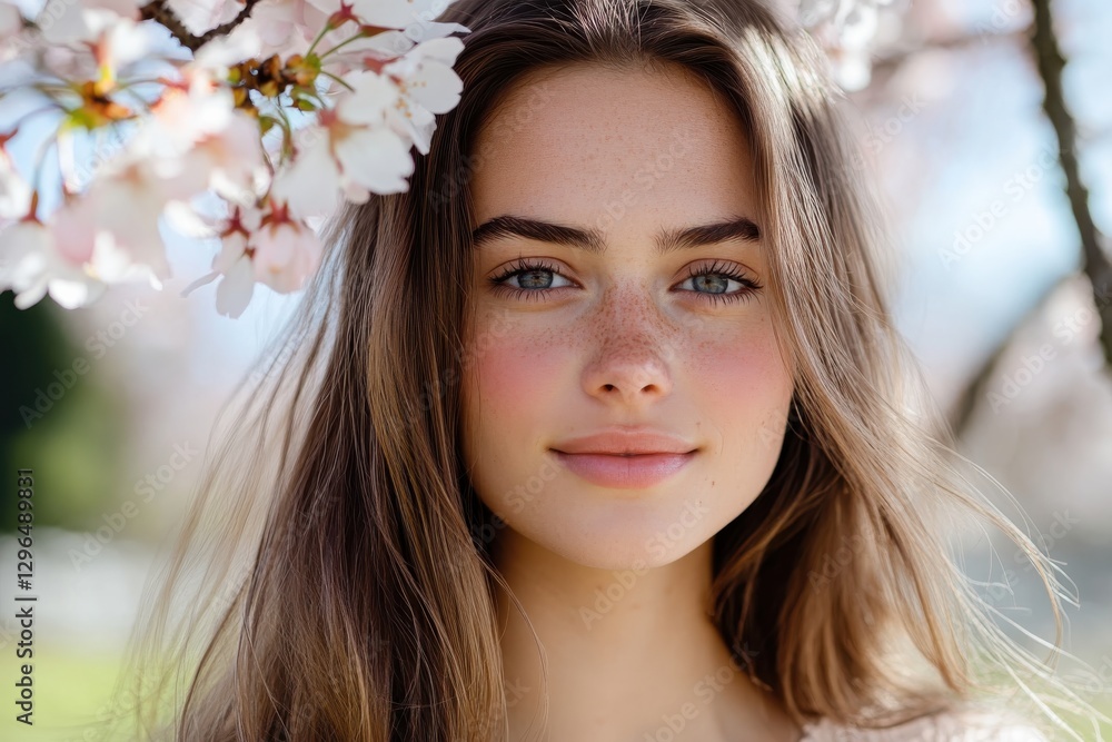 A captivating portrait of a young woman smiling as she poses in front of blooming cherry blossoms, embodying beauty, joy, and the essence of springtime warmth. A captivating portrait of a young woman smiling as she poses in front of blooming cherry blossoms, embodying beauty, joy, and the essence of springtime warmth.