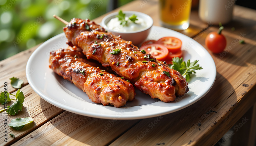 Delicious Iskender kebab on rustic table, culinary delight Delicious Iskender kebab on rustic table, culinary delight