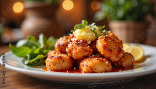 Delicious gnocchi in rich tomato sauce, cozy restaurant ambiance