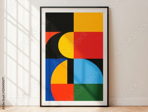 Modern poster featuring bold geometric patterns with vibrant colors balanced by negative space photo