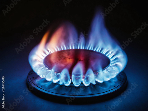 Natural Gas. High prices of natural gas. Blue flames of gas burning from a kitchen gas stove. Energy crisis concept background. Cooker with burning fire propane.