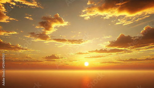 16:9 Widescreen : Sunset sky with soft clouds. Realistic image with soft yellow and orange tones. The sun is setting gently, casting a warm golden glow. Scattered clouds create a peaceful and natural.