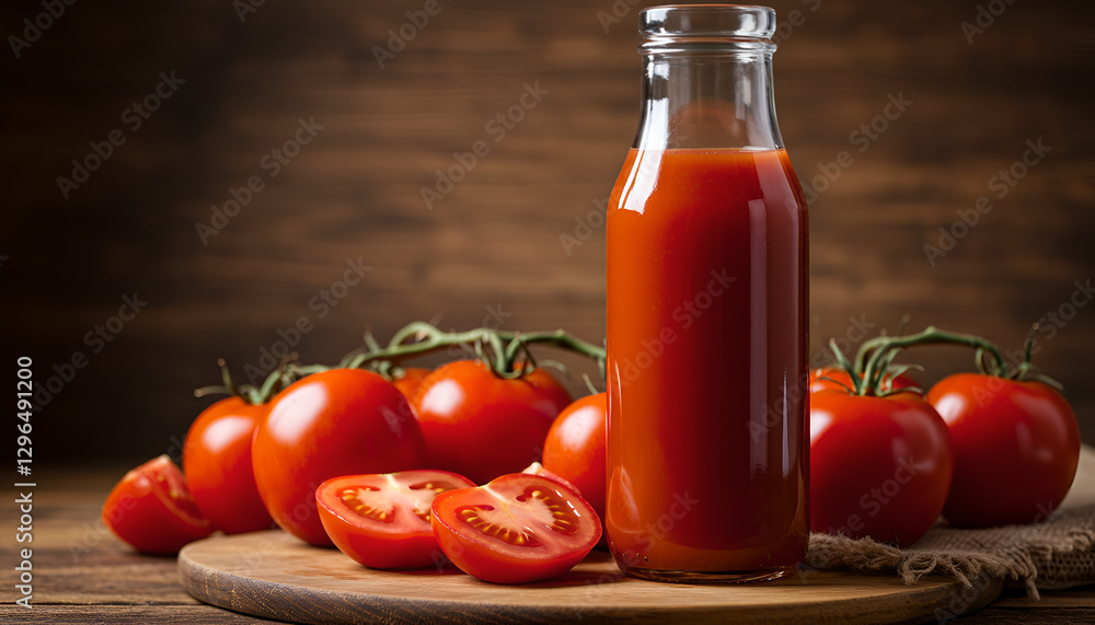Tomato juice bottle with fresh tomatoes and slices on wooden table Tomato juice bottle with fresh tomatoes and slices on wooden table