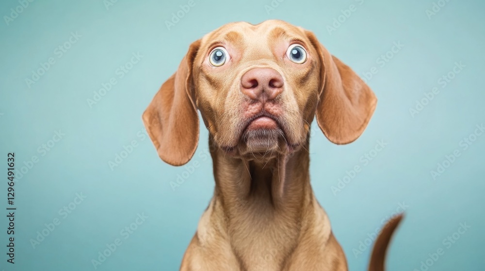Cute brown dog with expressive eyes looking curiously into the camera against a light blue background Cute brown dog with expressive eyes looking curiously into the camera against a light blue background