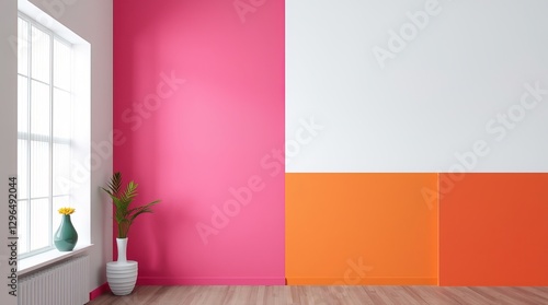 A minimalist room features vibrant pink, orange, and white walls. A potted plant and vase add a touch of nature. Light streams in from a window, illuminating the space.
