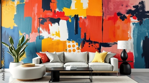 A modern living room features a vibrant abstract art mural as a backdrop to a light grey sofa, coffee table, and side table with lamp. A potted plant adds a touch of nature.