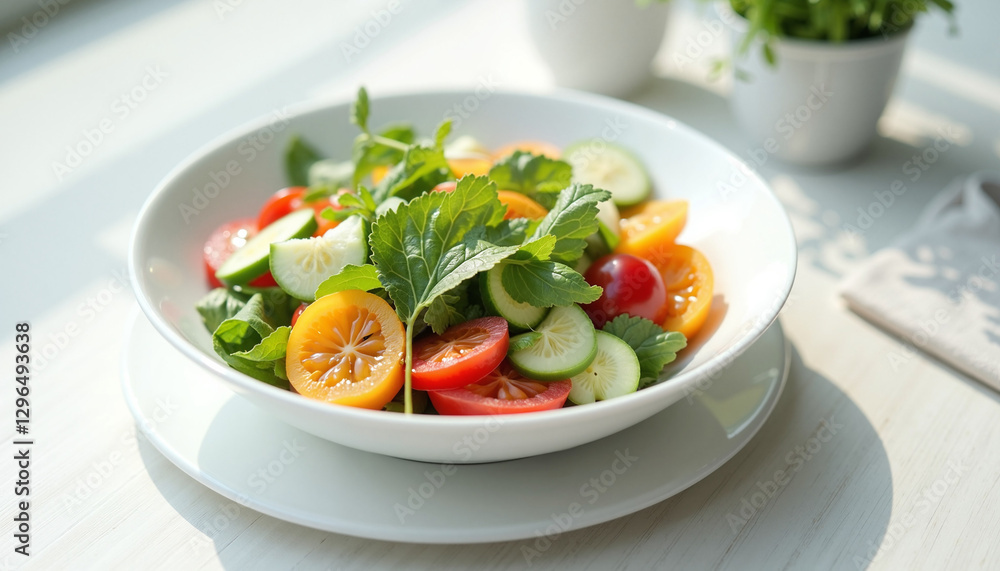 Fresh vegetable salad with colorful ingredients on white table Fresh vegetable salad with colorful ingredients on white table